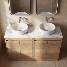 Balterley Chartley Contemporary Floor Standing 4 Door Vanity Unit With Carrera Marble Laminate Worktop, 1200mm, Autumn Oak - thumbnail 3