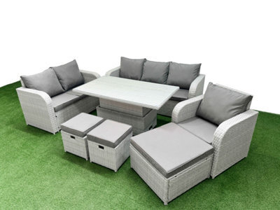 Fimous Pe Wicker 9 Seater Outdoor Rattan Furniture Sofa Sets Adjustable Lifting Dining Or Coffee Table Stool Light Grey - image 1