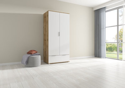 Arte Zele 90 Cm 2 Door Wardrobe With Drawer Oak Wotan White Gloss - image 1