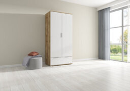 Arte Zele 90 Cm 2 Door Wardrobe With Drawer Oak Wotan White Gloss - thumbnail 1