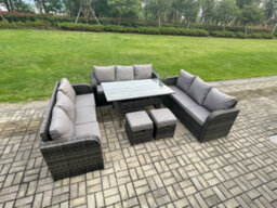 Fimous Rattan Garden Furniture Set With Oblong Dining Table 2 Small Footstools 11 Seater Outdoor Lounge Sofa Set Dark Grey Mixed - thumbnail 2