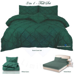 TheWhiteWater Limited Pintuck Duvet Cover Set + Matching Pillowcases With Bedsheet - 3In1 Hotel Style Bedding Set - Emirates Green - thumbnail 2