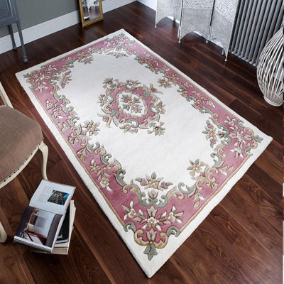 Cream Rose Traditional Bordered Floral Handmade Cotton Backing Rug For Living Room And Bedroom-120Cm X 180Cm - image 1