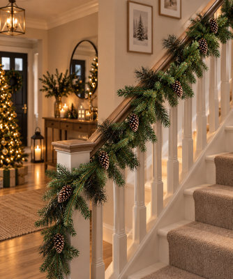 Groundlevel 2.7M Artificial Christmas Banister Garland With Pinecones - image 1