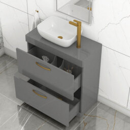 Royal Bathrooms 800mm Floor Standing Vanity Unit 2 Drawer Indigo Grey Gloss & Countertop Basin - Elva With Brushed Brass Handle - thumbnail 3