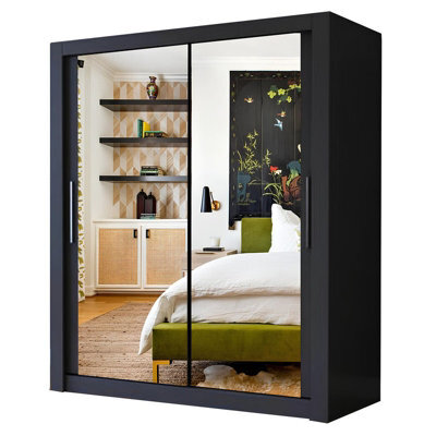 Ie Milan Sliding Mirror Door Wardrobe With Drawers & Shelves - Modern Bedroom Wardrobe, Black, (180 Cm X 216Cm ) - image 1