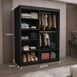 Ie Milan Sliding Mirror Door Wardrobe With Drawers & Shelves - Modern Bedroom Wardrobe, Black, (180 Cm X 216Cm ) - thumbnail 3