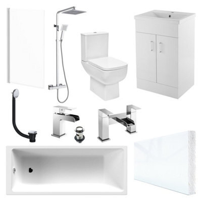Bubly Bathrooms Modern Bathroom Suite 1700mm Bath, Soft-Close Wc, Gloss White Vanity & Thermostatic Shower Set - image 1