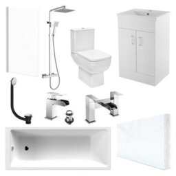 Bubly Bathrooms Modern Bathroom Suite 1700mm Bath, Soft-Close Wc, Gloss White Vanity & Thermostatic Shower Set - thumbnail 1