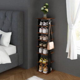 8 Tier Wooden Shoe Rack Hooks Vertical Space Saving Storage For Narrow Spaces - thumbnail 1