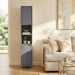 Wooden Tall 2 Door Open Shelves Bathroom Cabinet Storage Unit Grey - thumbnail 6