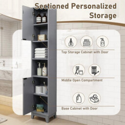 Wooden Tall 2 Door Open Shelves Bathroom Cabinet Storage Unit Grey - thumbnail 5
