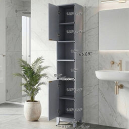 Wooden Tall 2 Door Open Shelves Bathroom Cabinet Storage Unit Grey - thumbnail 2