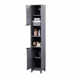 Wooden Tall 2 Door Open Shelves Bathroom Cabinet Storage Unit Grey - thumbnail 4