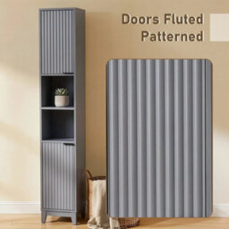 Wooden Tall 2 Door Open Shelves Bathroom Cabinet Storage Unit Grey - thumbnail 3