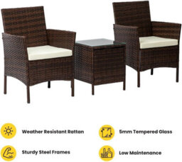 Nustone Rattan Garden Furniture Patio Bistro Set, 2 Chairs With Cushions And A Coffee Table - Brown - thumbnail 3