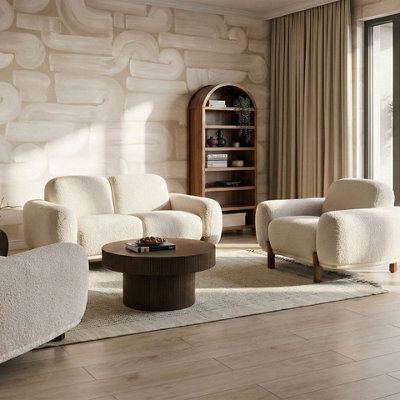 Wyld And Coco White Boucle 4-Seater Living Room Set - 2-Seater Sofa And 2 Armchairs, Low Curvilinear Design - image 1