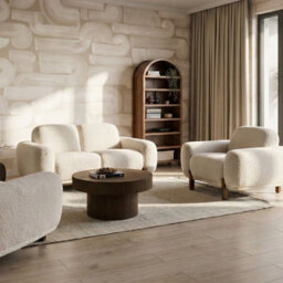 Wyld And Coco White Boucle 4-Seater Living Room Set - 2-Seater Sofa And 2 Armchairs, Low Curvilinear Design - thumbnail 1