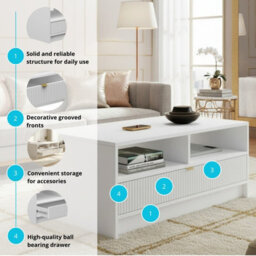 Coffee Table Tireno 1Sz White Velvet Grooved Front Loft Modern Living Room Furniture Metal Legs Industrial Style Sofa Table - thumbnail 5