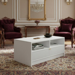 Coffee Table Tireno 1Sz White Velvet Grooved Front Loft Modern Living Room Furniture Metal Legs Industrial Style Sofa Table - thumbnail 1