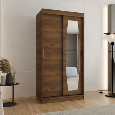 Arte Rossa 100Cm Oak Walnut Sliding Door Wardrobe With Shaped Mirror - image 1