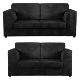 Furnishings For Less UK Luxor Jumbo Cord 3 + 2 Fabric Sofa Suite - Fullback Black - thumbnail 1