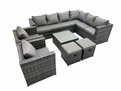 Fimous Outdoor Pe Rattan Garden Furniture Sofa Set With Square Coffee Table 2 Small Stools 2 Chair Dark Grey - image 1