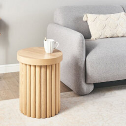 Wyld And Coco Scandinest Small Round Side Table, Light Brown Timber Top With Ribbed Base, Compact Living Room Furniture - thumbnail 2