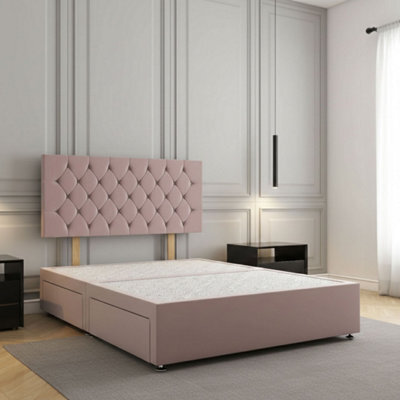 REGIONAL FURNISHINGS Pink Plush Velvet Divan Bed Set Upholstered With 24Inch Headboard 2Drawers Footend & No Mattress In 4Ft 4Ft6 5Ft 6Ft Sizes - image 1