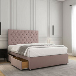 REGIONAL FURNISHINGS Pink Plush Velvet Divan Bed Set Upholstered With 24Inch Headboard 2Drawers Footend & No Mattress In 4Ft 4Ft6 5Ft 6Ft Sizes - thumbnail 2