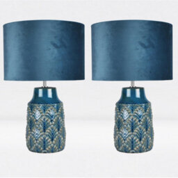 First Choice Lighting Set Of 2 Peacock Ceramic Lamps With Teal Velour Shade