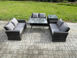 Fimous 6 Seater Rattan Wicker Garden Furniture Patio Conservatory Sofa Set With Rectangular Dining Table For Terrace - thumbnail 2