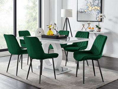 Furniturebox Giovani Rectangular 6 Seat White High Gloss Unique Halo Base Dining Table Grey Glass Top 6 Green Velvet Black Leg Pesaro Chairs - image 1