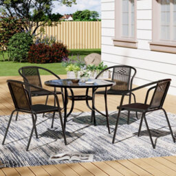 Breeins Black Set Of 5 Outdoor Garden Furniture Set Dining Set 105 Cm Round Glass Table And Stacking Chairs For Garden Patio - thumbnail 1