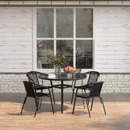 Breeins Black Set Of 5 Outdoor Garden Furniture Set Dining Set 105 Cm Round Glass Table And Stacking Chairs For Garden Patio - thumbnail 3