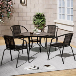 Breeins Black Set Of 5 Outdoor Garden Furniture Set Dining Set 105 Cm Round Glass Table And Stacking Chairs For Garden Patio - thumbnail 2