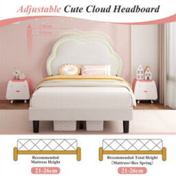 Abrihome 3Ft Single Upholstered Bed With Led Adjustable Cute Cloud Headboard, Soft Velvet Bed Frame With Solid Wood Slat, Cream White - thumbnail 3