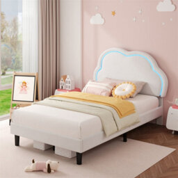 Abrihome 3Ft Single Upholstered Bed With Led Adjustable Cute Cloud Headboard, Soft Velvet Bed Frame With Solid Wood Slat, Cream White