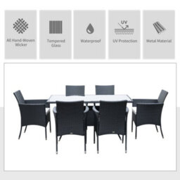 Wyld Haus Loreke Black Rattan 7-Piece Outdoor Dining Set - Rectangular Glass-Top Table With 6 Armchairs - thumbnail 4