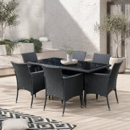 Wyld Haus Loreke Black Rattan 7-Piece Outdoor Dining Set - Rectangular Glass-Top Table With 6 Armchairs - thumbnail 1