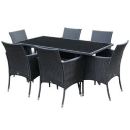 Wyld Haus Loreke Black Rattan 7-Piece Outdoor Dining Set - Rectangular Glass-Top Table With 6 Armchairs - thumbnail 2