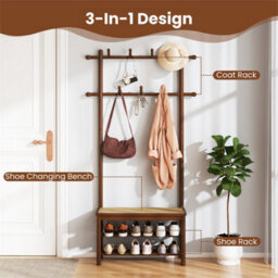 Bamboo Coat Rack With Bench & Shoe Storage 3-In-1 Entryway Organizer Brown - thumbnail 6