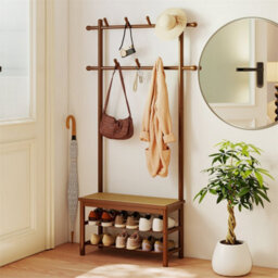 Bamboo Coat Rack With Bench & Shoe Storage 3-In-1 Entryway Organizer Brown - thumbnail 4