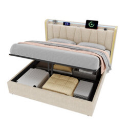 Btm 5Ft King Upholstered Bed With Hydraulic Storage Led Headboard Charging Station Usb Type C Linen Beige No Mattress - thumbnail 9