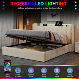 Btm 5Ft King Upholstered Bed With Hydraulic Storage Led Headboard Charging Station Usb Type C Linen Beige No Mattress - thumbnail 6