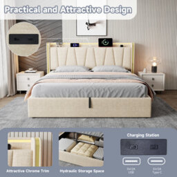 Btm 5Ft King Upholstered Bed With Hydraulic Storage Led Headboard Charging Station Usb Type C Linen Beige No Mattress - thumbnail 5