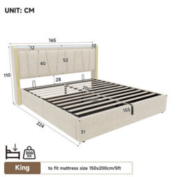 Btm 5Ft King Upholstered Bed With Hydraulic Storage Led Headboard Charging Station Usb Type C Linen Beige No Mattress - thumbnail 8