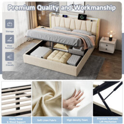 Btm 5Ft King Upholstered Bed With Hydraulic Storage Led Headboard Charging Station Usb Type C Linen Beige No Mattress - thumbnail 7