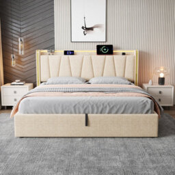 Btm 5Ft King Upholstered Bed With Hydraulic Storage Led Headboard Charging Station Usb Type C Linen Beige No Mattress - thumbnail 2