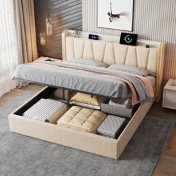 Btm 5Ft King Upholstered Bed With Hydraulic Storage Led Headboard Charging Station Usb Type C Linen Beige No Mattress - thumbnail 4